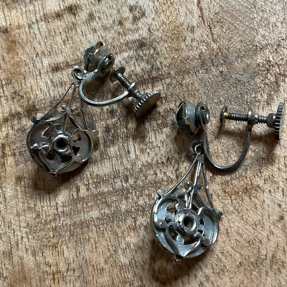 Vintage Rhinestone Earrings Screw-back turquoise blue Silver Costume Jewelry - Picture 4 of 6